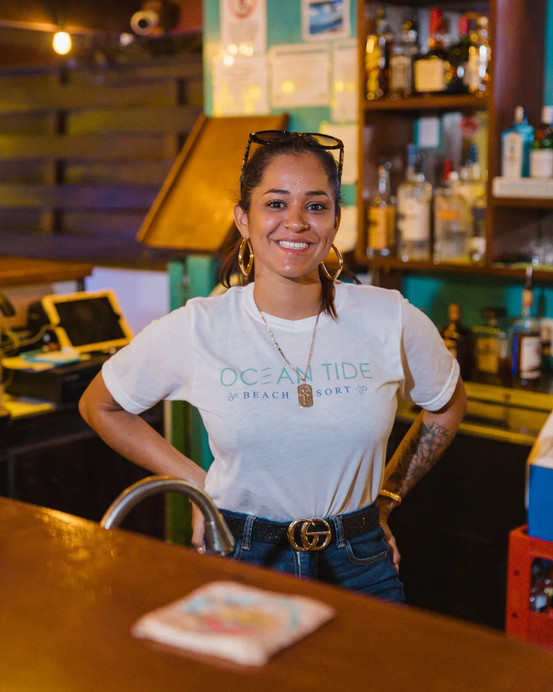 Gabby behind the bar at the Lazy Pelican in the evening