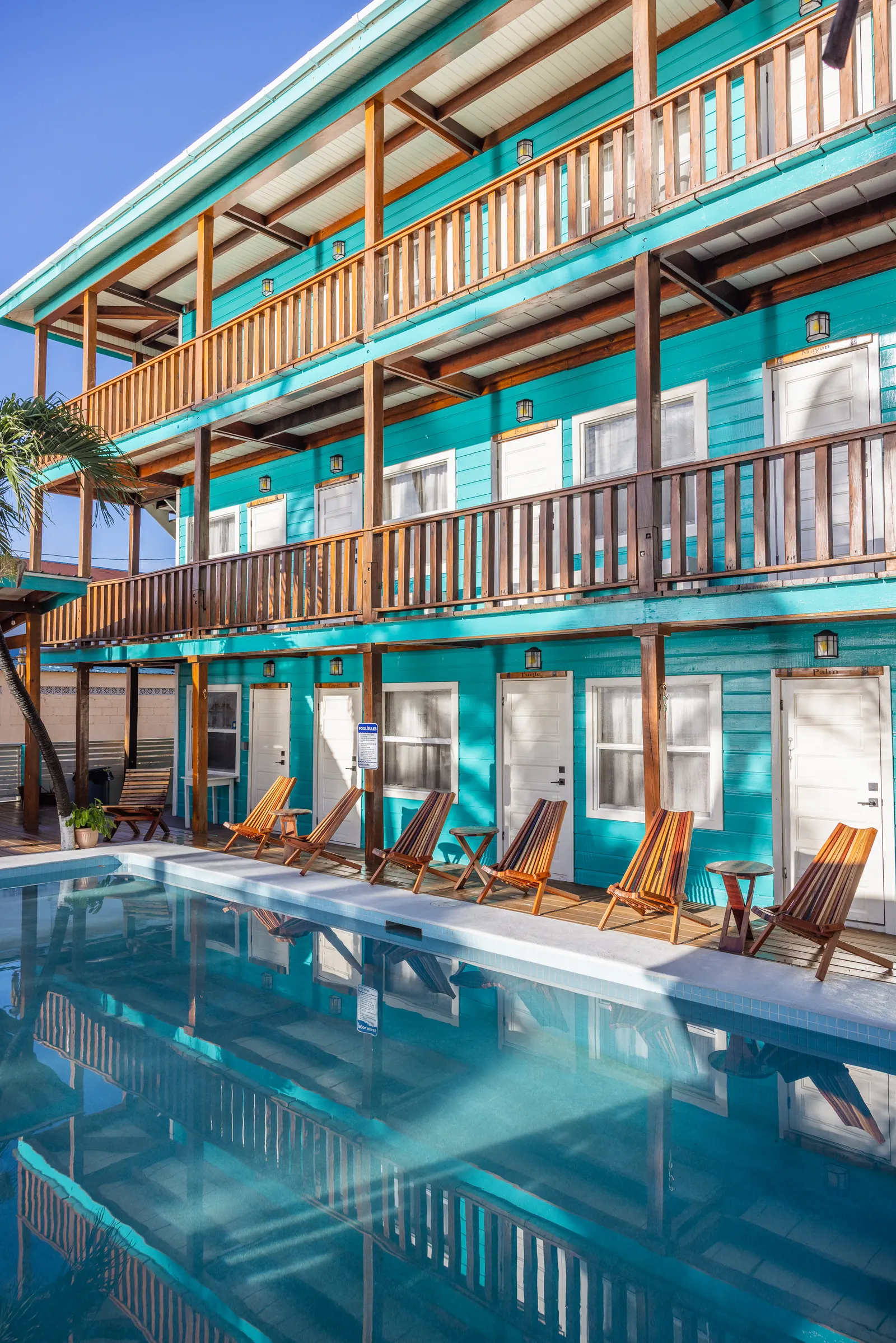 Pool courtyard at Ocean Tide Beach Resort, San Pedro