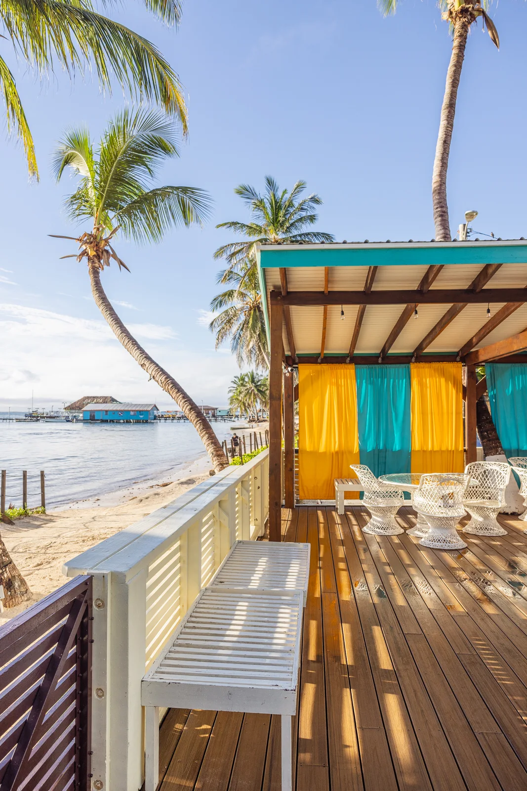 Beachfront cabana and deck a few steps from the sand at Ocean Tide Beach Resort, San Pedro Belize
